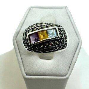 Sterling Silver Multi Gemstone Ring size 8 Marcasite Amethyst Citrine Topaz .925